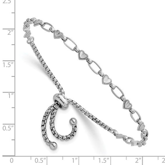 Sterling Silver Rhodium-plated Polished Heart and Rectangle Link Adjustable Bolo Bracelet