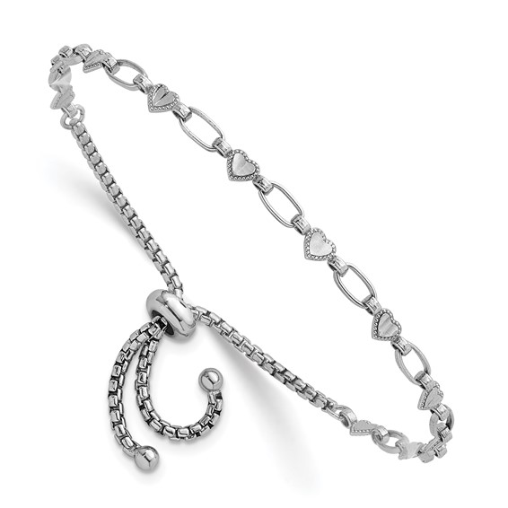 Sterling Silver Rhodium-plated Polished Heart and Rectangle Link Adjustable Bolo Bracelet