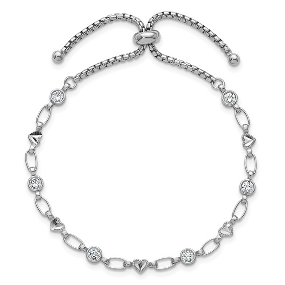 Sterling Silver Rhodium-plated Polished Round CZ and Diamond-cut Heart Adjustable Bolo Bracelet