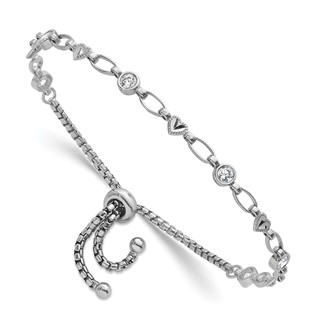 Sterling Silver Rhodium-plated Polished Round CZ and Diamond-cut Heart Adjustable Bolo Bracelet