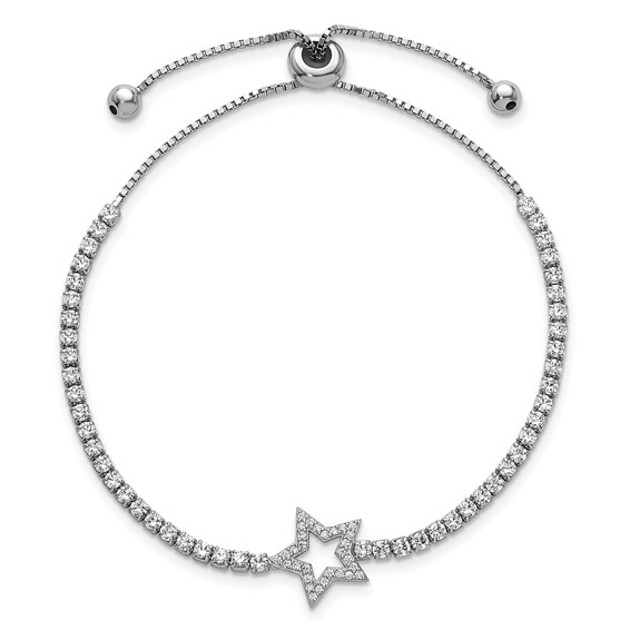 Sterling Silver Rhodium-plated Polished CZ Star Adjustable Bolo Bracelet