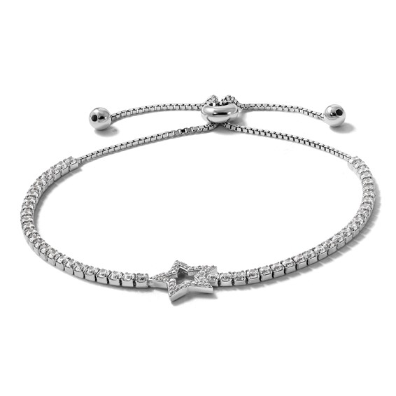 Sterling Silver Rhodium-plated Polished CZ Star Adjustable Bolo Bracelet