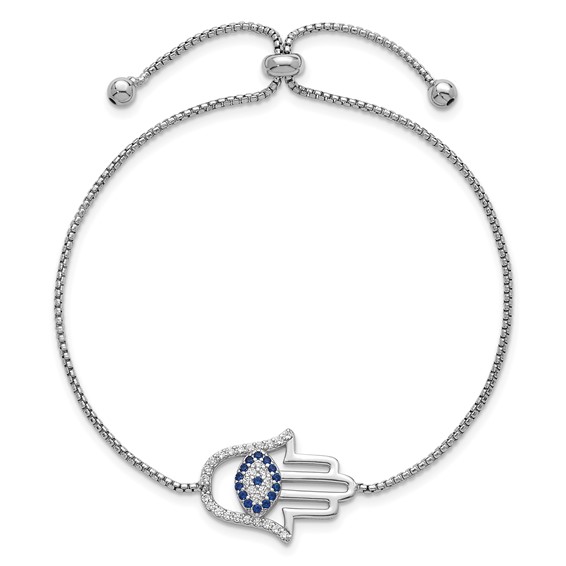 Sterling Silver Rhodium-plated Polished Lab Created Blue Spinel and CZ Evil Eye Hamsa Adjustable Bolo Bracelet
