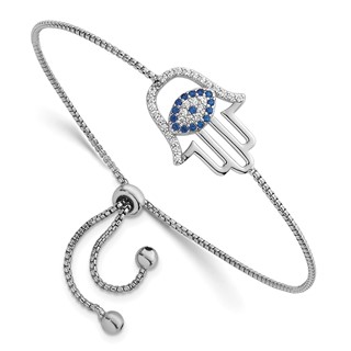 Sterling Silver Rhodium-plated Polished Lab Created Blue Spinel and CZ Evil Eye Hamsa Adjustable Bolo Bracelet