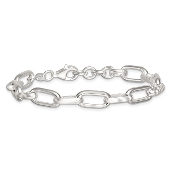 Sterling Silver Polished and Textured Oval Link 7 inch with 0.5 inch Extender Bracelet