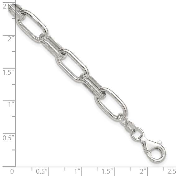 Sterling Silver Polished and Textured Oval Link 7 inch with 0.5 inch Extender Bracelet