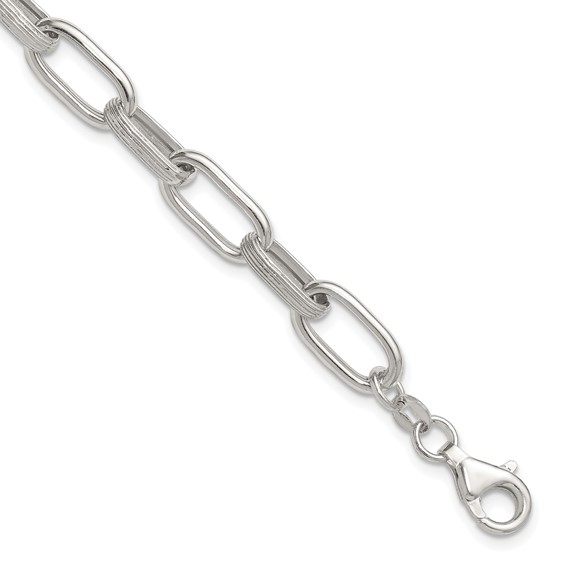 Sterling Silver Polished and Textured Oval Link 7 inch with 0.5 inch Extender Bracelet