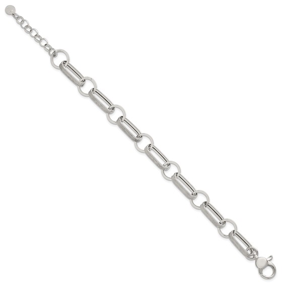 Sterling Silver Polished and Textured Oval and Round Link 7.5 inch with 1 inch Extender Bracelet