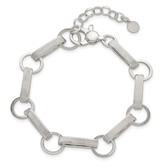 Sterling Silver Polished and Textured Oval and Round Link 7.5 inch with 1 inch Extender Bracelet