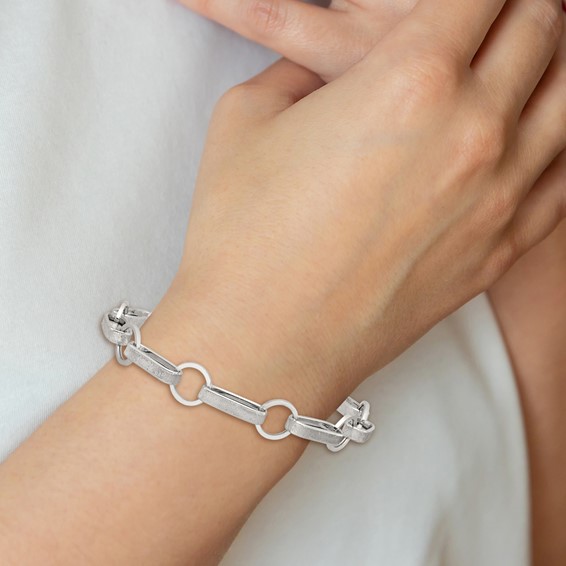 Sterling Silver Polished and Textured Oval and Round Link 7.5 inch with 1 inch Extender Bracelet