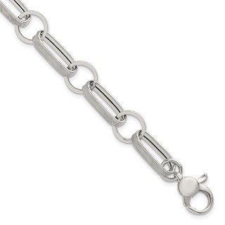 Sterling Silver Polished and Textured Oval and Round Link 7.5 inch with 1 inch Extender Bracelet