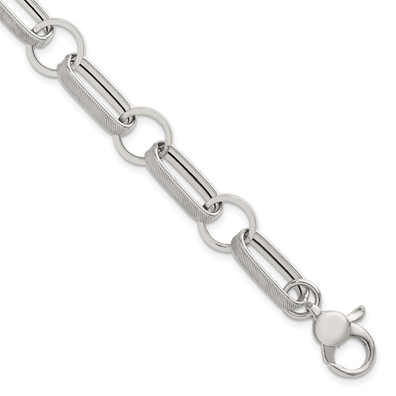 Sterling Silver Polished and Textured Oval and Round Link 7.5 inch with 1 inch Extender Bracelet