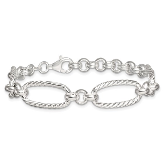Sterling Silver Polished and Twisted Fancy Oval Link 7.5 inch Bracelet