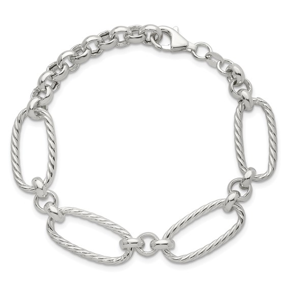 Sterling Silver Polished and Twisted Fancy Oval Link 7.5 inch Bracelet