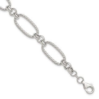 Sterling Silver Polished and Twisted Fancy Oval Link 7.5 inch Bracelet
