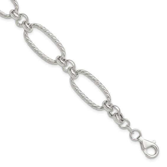 Sterling Silver Polished and Twisted Fancy Oval Link 7.5 inch Bracelet