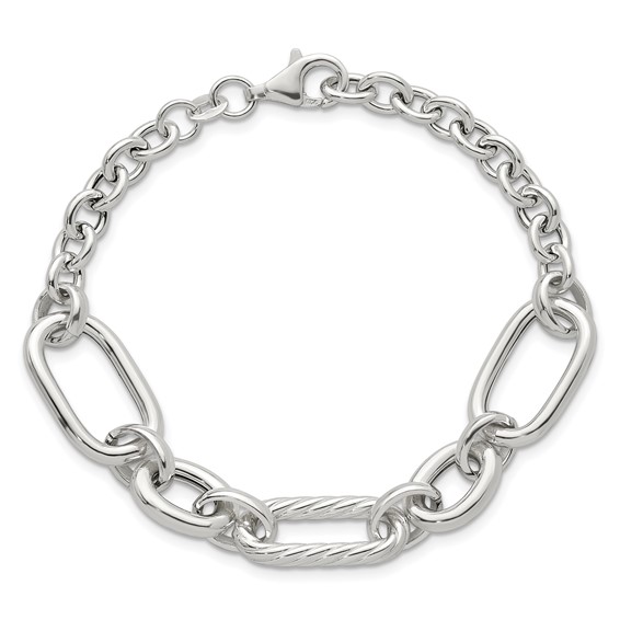 Sterling Silver Polished and Twisted Oval and Round Link 7.75 inch Bracelet