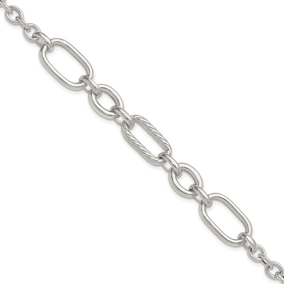 Sterling Silver Polished and Twisted Oval and Round Link 7.75 inch Bracelet