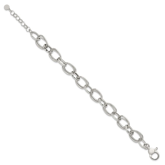 Sterling Silver Polished Double Link and Faceted Link 8 inch with 1 inch Extender Bracelet