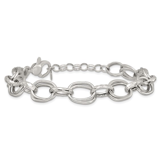 Sterling Silver Polished Double Link and Faceted Link 8 inch with 1 inch Extender Bracelet