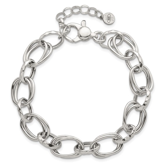 Sterling Silver Polished Double Link and Faceted Link 8 inch with 1 inch Extender Bracelet