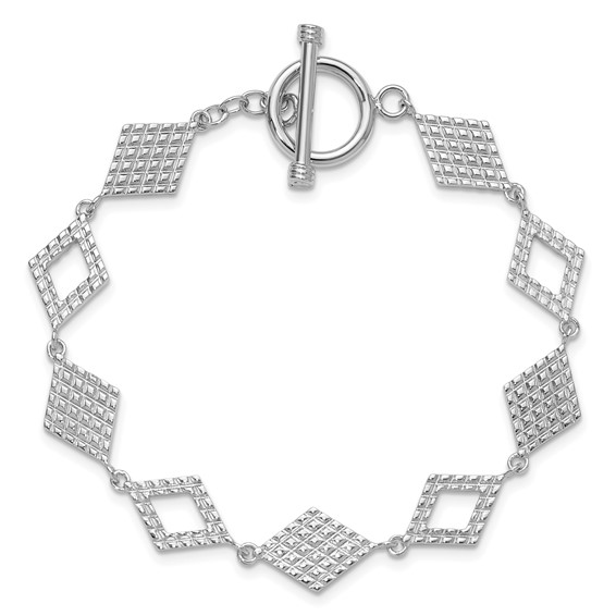 Sterling Silver Rhodium-plated Polished Diamond-Shape Textured 7.5 inch Toggle Bracelet