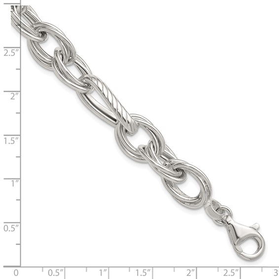Sterling Silver Polished and Textured Triple Link and Twisted Link 8 inch Bracelet