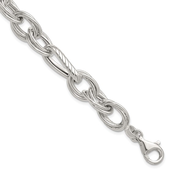 Sterling Silver Polished and Textured Triple Link and Twisted Link 8 inch Bracelet