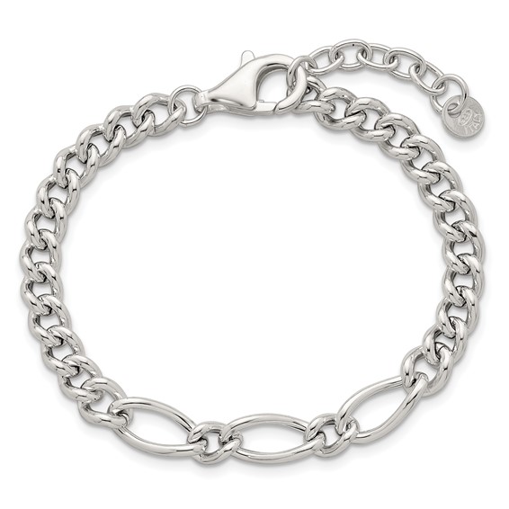 Sterling Silver Polished Mixed Curb Link 6.75 Inch with 1 Inch Extension Bracelet