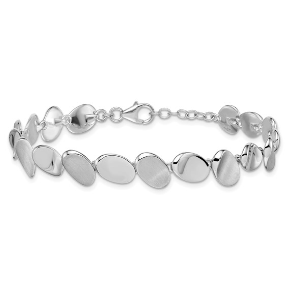 Sterling Silver Rhodium-plated Brushed and Polished Ovals 7.5 inch with 0.5 inch Extension Bracelet