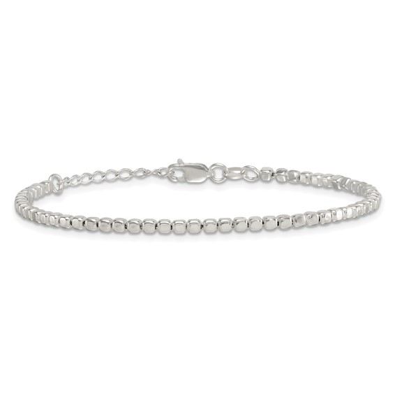 Sterling Silver Polished and Square Beaded 7 Inch with 1 Inch Extension Bracelet