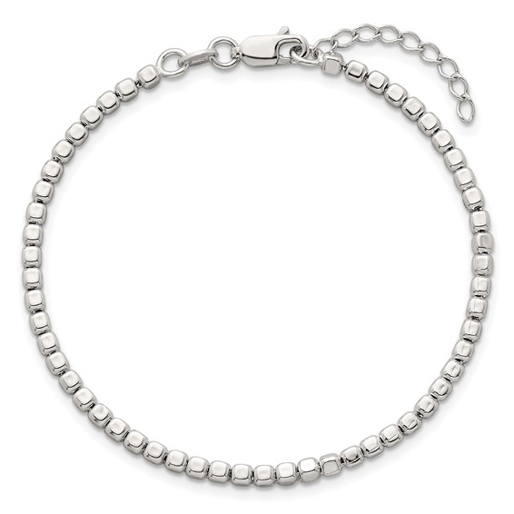 Sterling Silver Polished and Square Beaded 7 Inch with 1 Inch Extension Bracelet