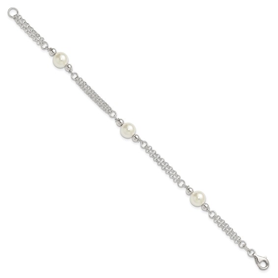 Sterling Silver Polished Double Strand with Glass Pearls 7.5 inch 3-Station Bracelet