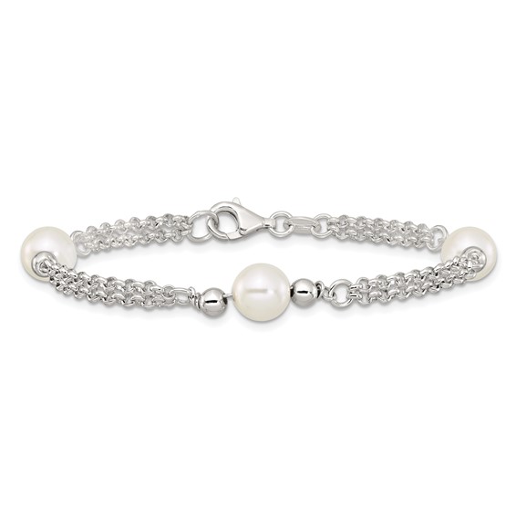 Sterling Silver Polished Double Strand with Glass Pearls 7.5 inch 3-Station Bracelet