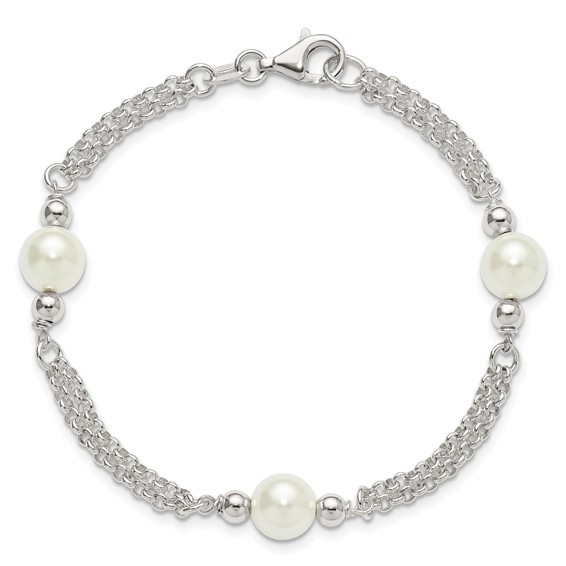 Sterling Silver Polished Double Strand with Glass Pearls 7.5 inch 3-Station Bracelet