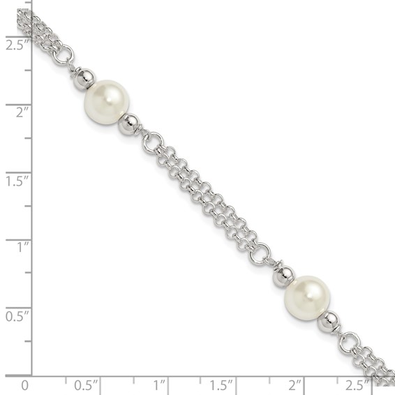 Sterling Silver Polished Double Strand with Glass Pearls 7.5 inch 3-Station Bracelet
