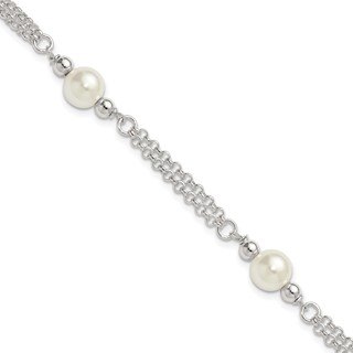 Sterling Silver Polished Double Strand with Glass Pearls 7.5 inch 3-Station Bracelet