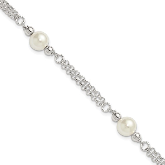 Sterling Silver Polished Double Strand with Glass Pearls 7.5 inch 3-Station Bracelet