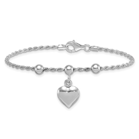 Sterling Silver Rhodium-plated Puffed Heart Dangle and Beads 7 inch Rope Chain Bracelet