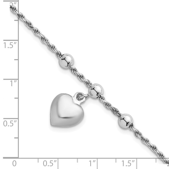 Sterling Silver Rhodium-plated Puffed Heart Dangle and Beads 7 inch Rope Chain Bracelet