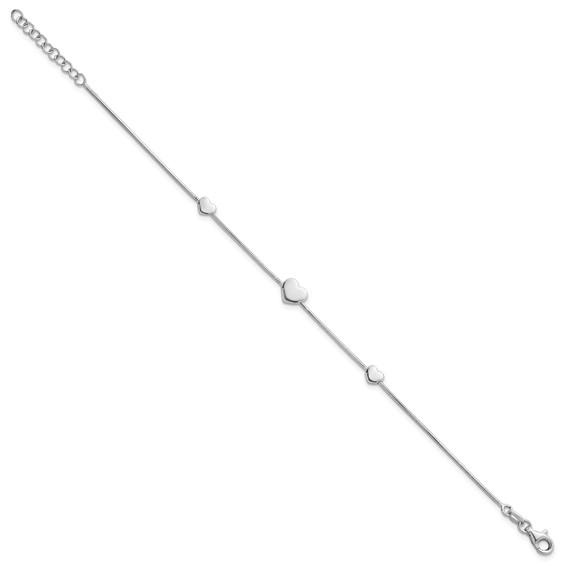 Sterling Silver Rhodium-plated Three Hearts 7 inch with 1 inch Extension Bracelet