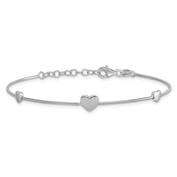 Sterling Silver Rhodium-plated Three Hearts 7 inch with 1 inch Extension Bracelet