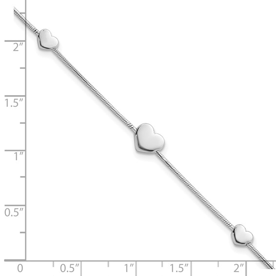 Sterling Silver Rhodium-plated Three Hearts 7 inch with 1 inch Extension Bracelet