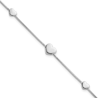 Sterling Silver Rhodium-plated Three Hearts 7 inch with 1 inch Extension Bracelet