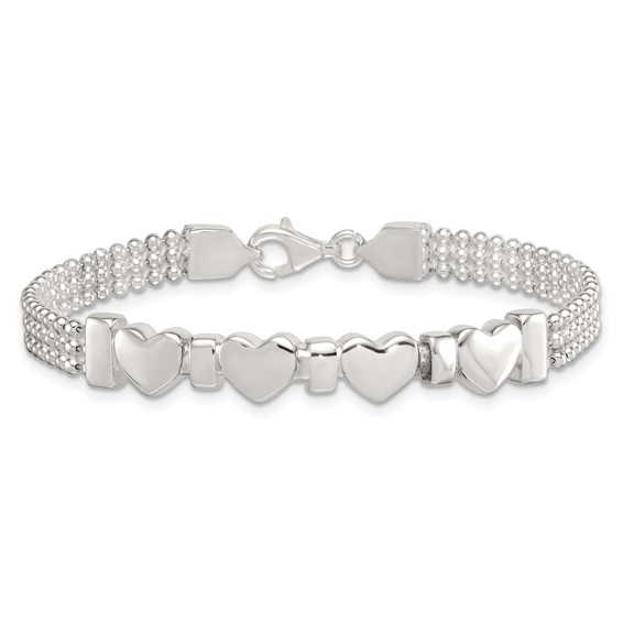 Sterling Silver Polished and Beaded 4-Hearts 7.25 Inch Bracelet