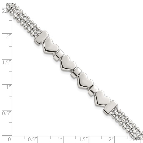 Sterling Silver Polished and Beaded 4-Hearts 7.25 Inch Bracelet