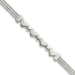 Sterling Silver Polished and Beaded 4-Hearts 7.25 Inch Bracelet
