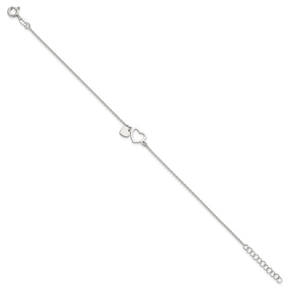 Sterling Silver Polished Double Heart 7 inch with 1 inch Extension Bracelet