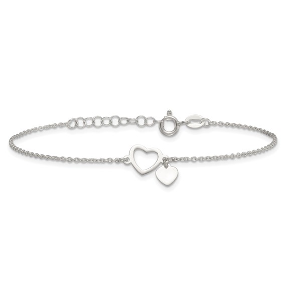 Sterling Silver Polished Double Heart 7 inch with 1 inch Extension Bracelet