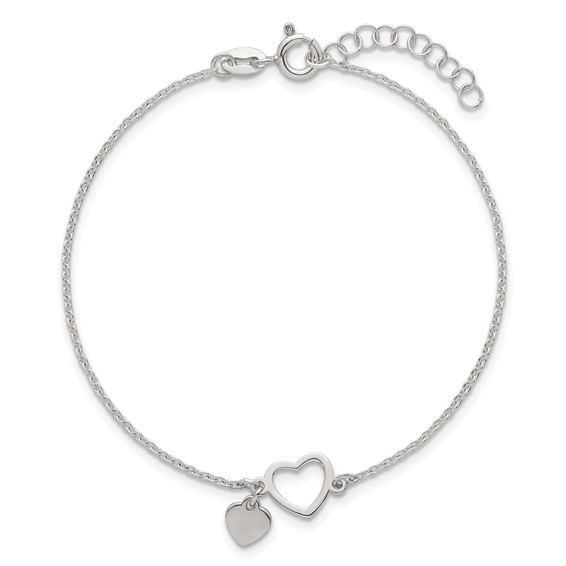Sterling Silver Polished Double Heart 7 inch with 1 inch Extension Bracelet